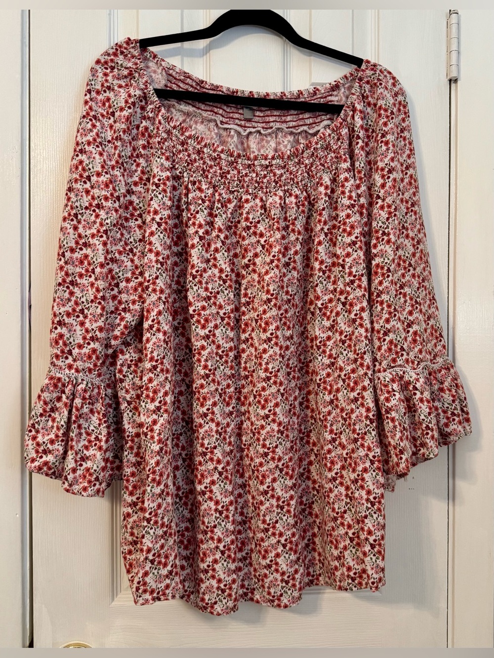 Terra & Sky Red Floral Smocked Peasant Blouse